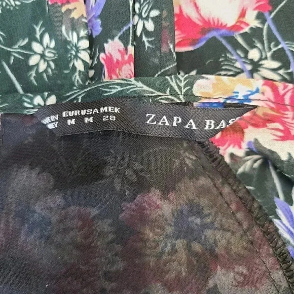 Zapa Basic Green Blue Floral Print Chiffon Dress Cottagecore Medium - Picture 11 of 13